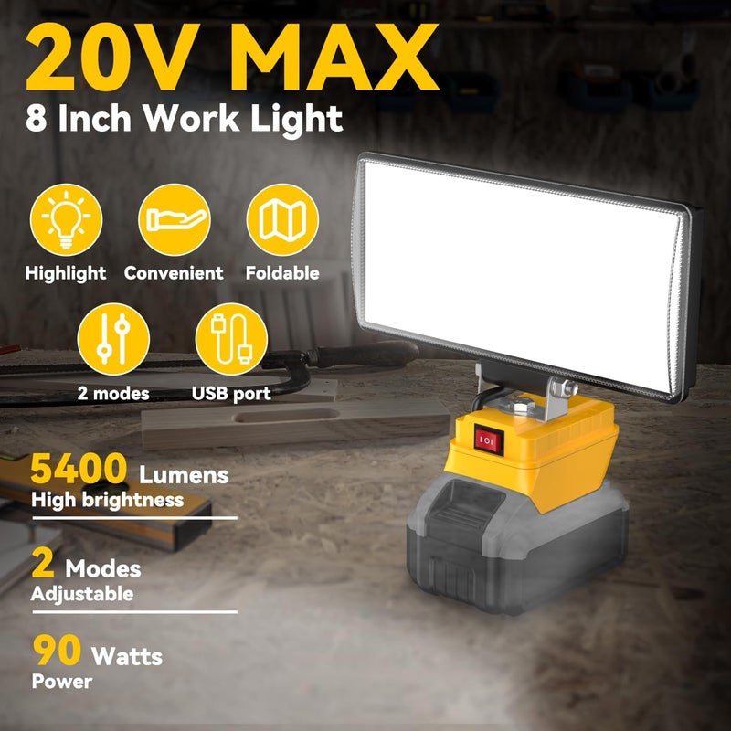 DEMIMA 8" Cordless LED Work Light for Dewalt 20V Battery, Two Levels Adjustable Flood Light up to 90W 5400 Lumens with USB Charging Port, Portable LED Flashlight for Work, Camping, Outdoor(No Battery) - Image 2